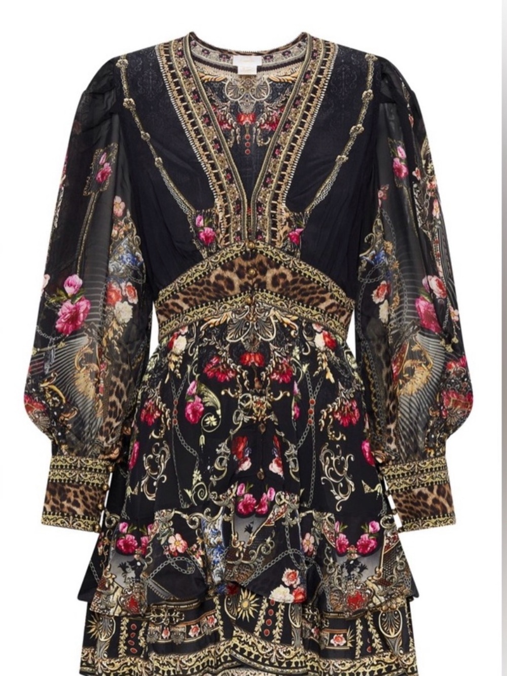 Camilla Boho Floral Black Mini Dress with Gold Accents
